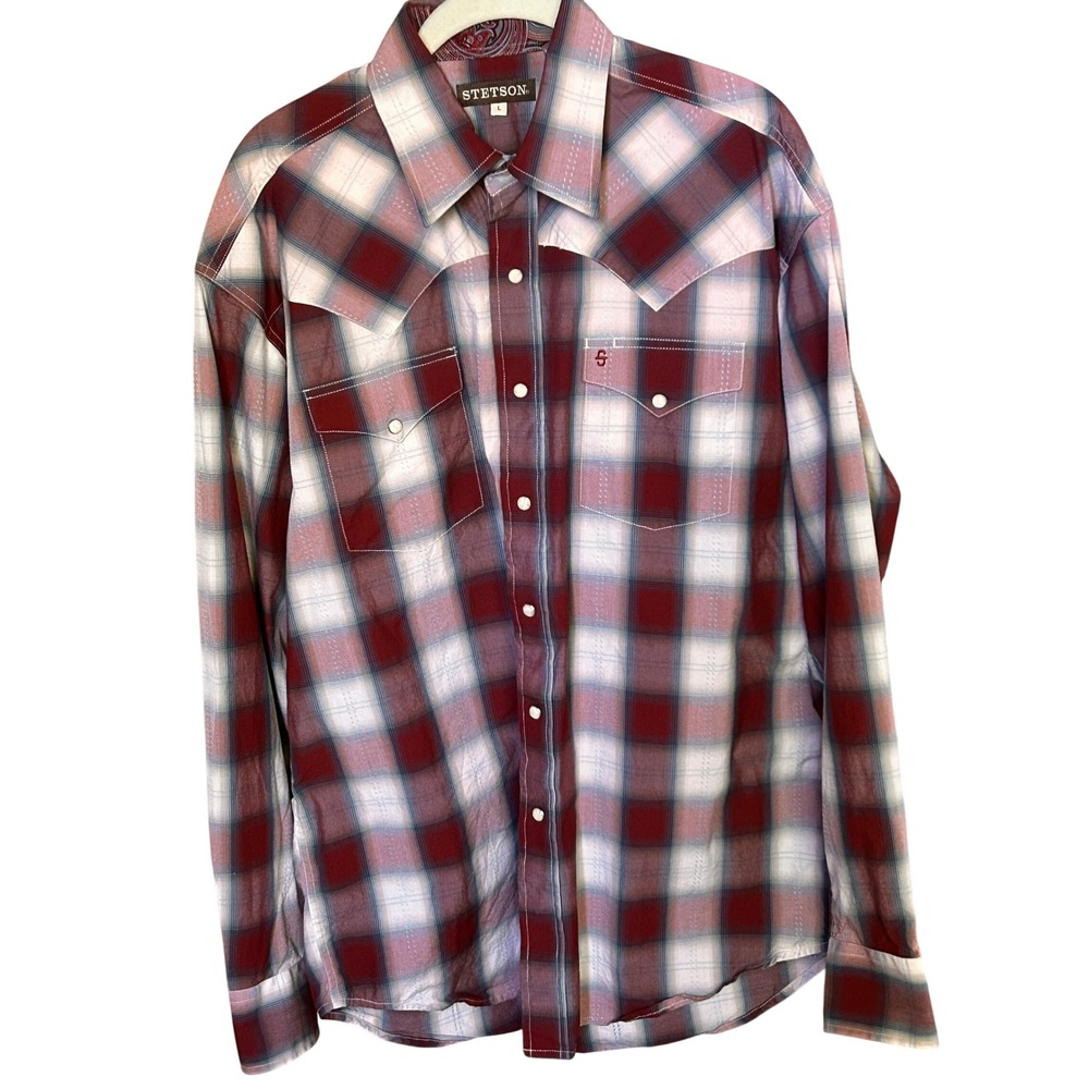 Stetson Western Snap Shirt L Red White Plaid Paisley Trim 11-001-0478-6042